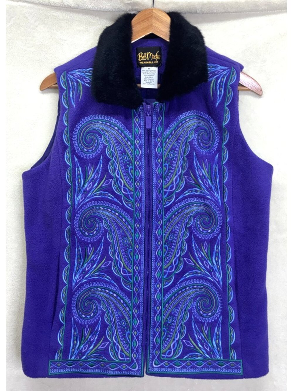 Bob Mackie Wearable Art Front Zip Embroidered Purple Fleece Vest Pockets Sz M #z